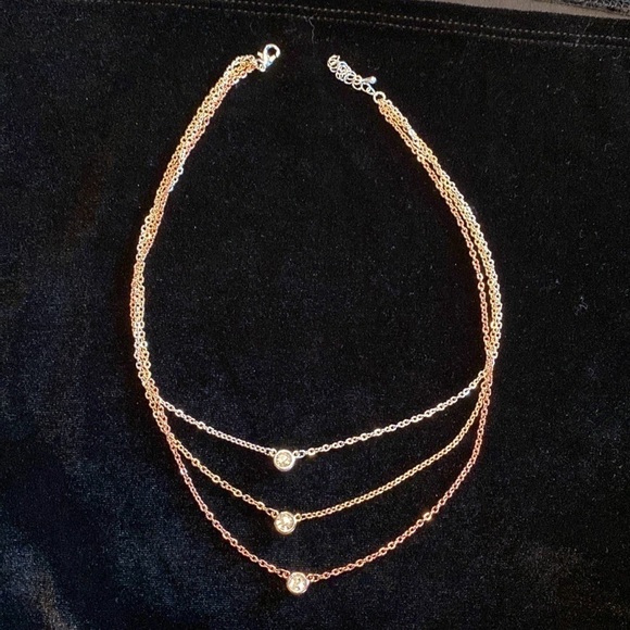 New Liv Oliver Tri Color Multi Layer 18 k gold plated Cz Necklace.